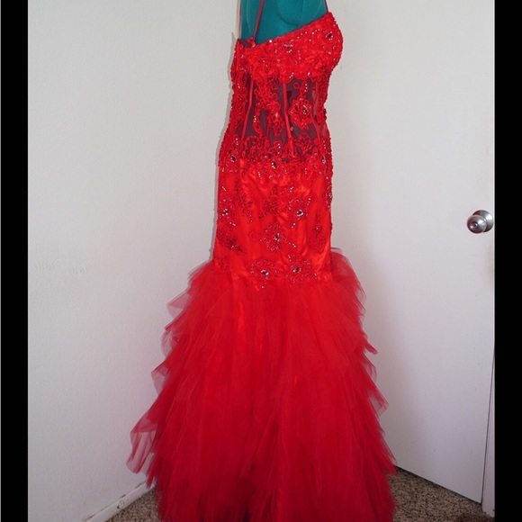 JASZ COUTURE HOT SEXY RED LACE MERMAID SATIN TULLE FORMAL DRESS SIZE 12 - Picture 4 of 8